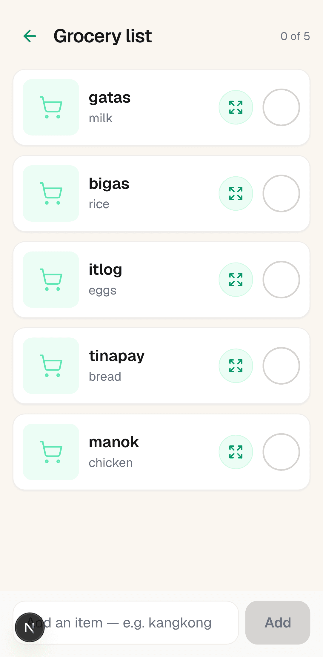 The SamaKasa grocery list showing five items with dual-language labels: bigas and rice, itlog and eggs, manok and chicken.